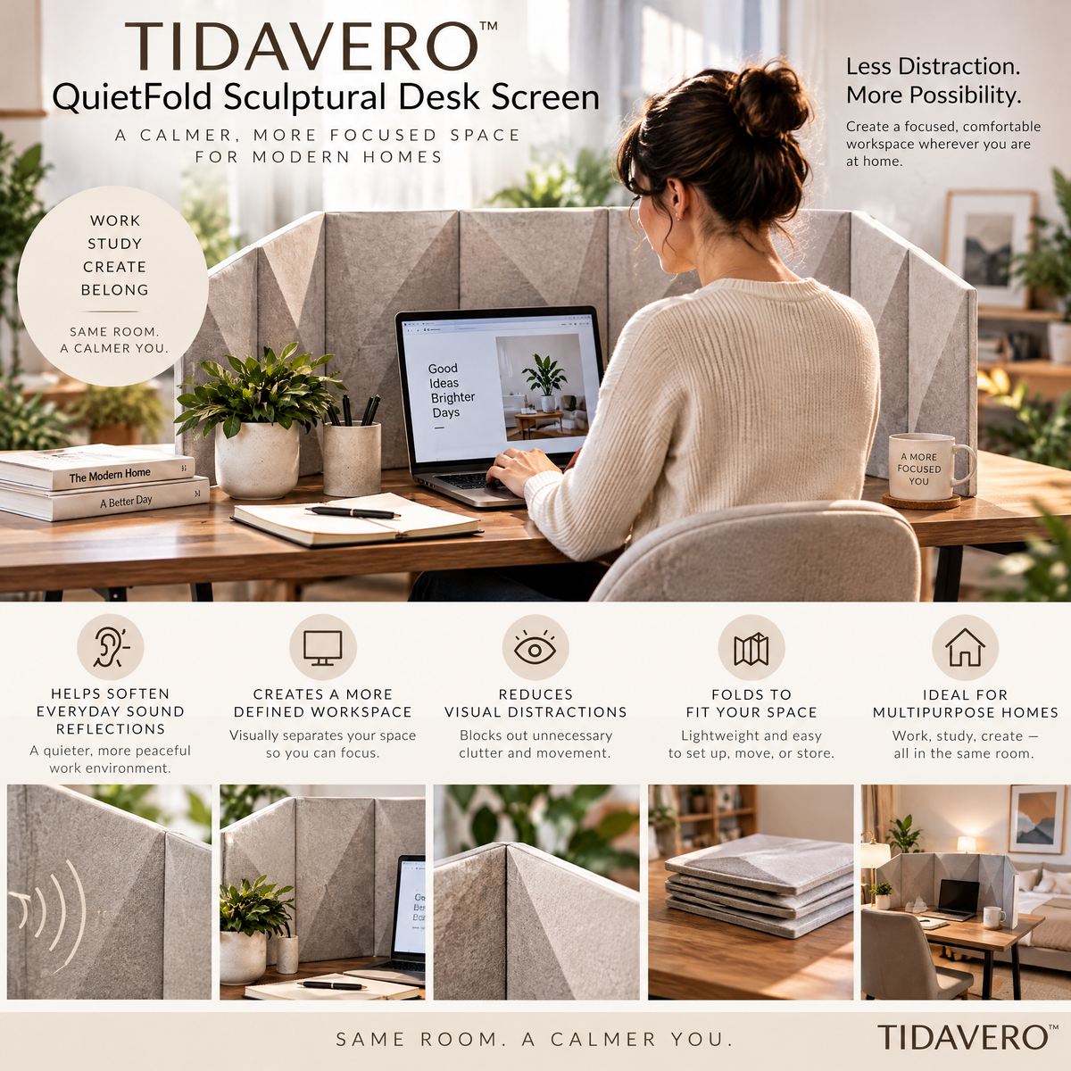 TIDAVERO™ QuietFold Sculptural Desk Screen