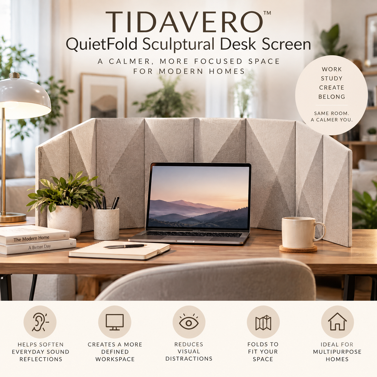 TIDAVERO™ QuietFold Sculptural Desk Screen