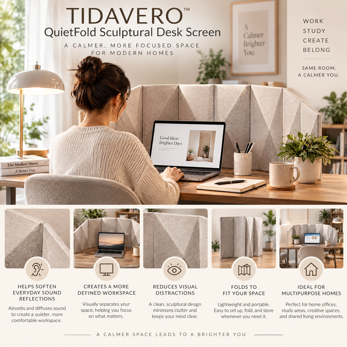 TIDAVERO™ QuietFold Sculptural Desk Screen